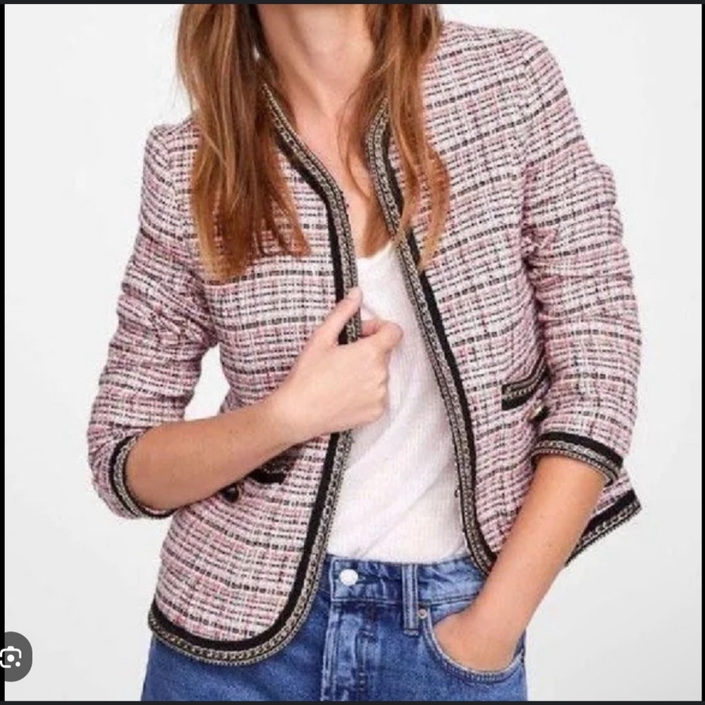 Zara Pink Tweed Open-Front Blazer with Black Trim
